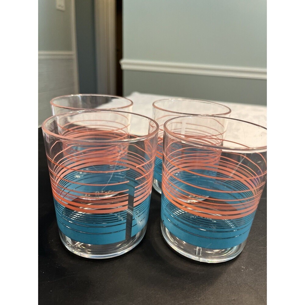 NOS Vtg 7pc Acrylic Blue Striped Ice Bucket Glasses Tray Tong